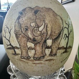 African Handcarved Rhinoceros Ostrich Egg Signed